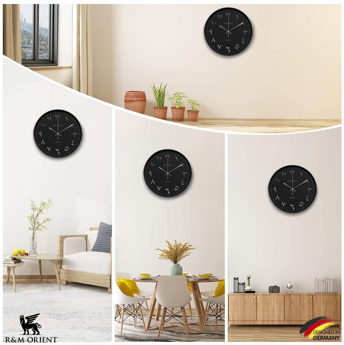 R&M ORIENT 30cm Arabic Wall Clock Round with creeping hands without ticking noise, silent quartz movement, easy to read, large wall clock for living room, office, kitchen, restaurant (Silver/Black)