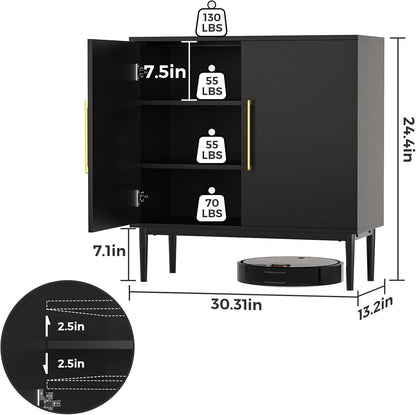 REHOOPEX Balck Storage Cabinet, Modern Buffet Cabinet with Two Adjustable Shelve, Free Standing Sideboard and Buffet Storage, Wood Cabinet for Living Room, Kitchen, Bedroom or Hallway (Two Shelves)