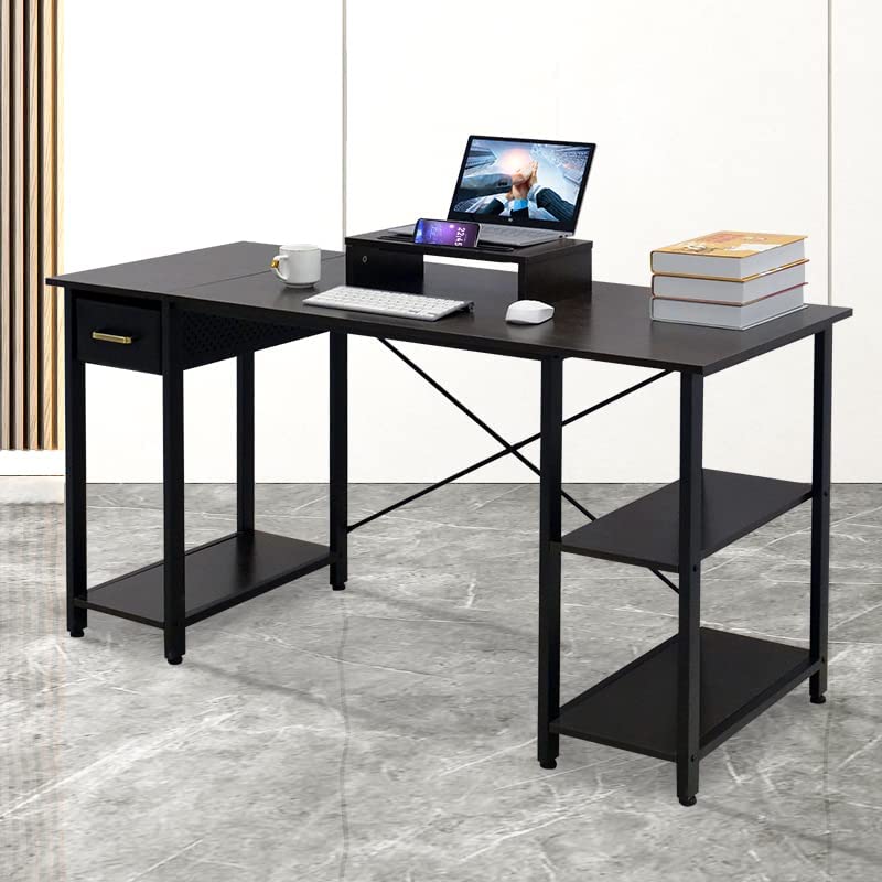 Chulovs 55" Office Desk, Computer Desk with Drawers Study Writing Desks for Home with 2 Storage Shelves, Desks Workstations for Home Office Bedroom (Black)