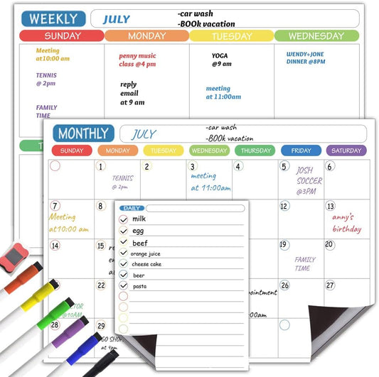 Magnetic Daily Weekly Monthly Planner Calendar Board Set, Fridge Whiteboard Planning Organizer- Dry Erase, To Do List –Stain Resistant Surface - with 1 Eraser, 6 color Markers– for Kitchen Office