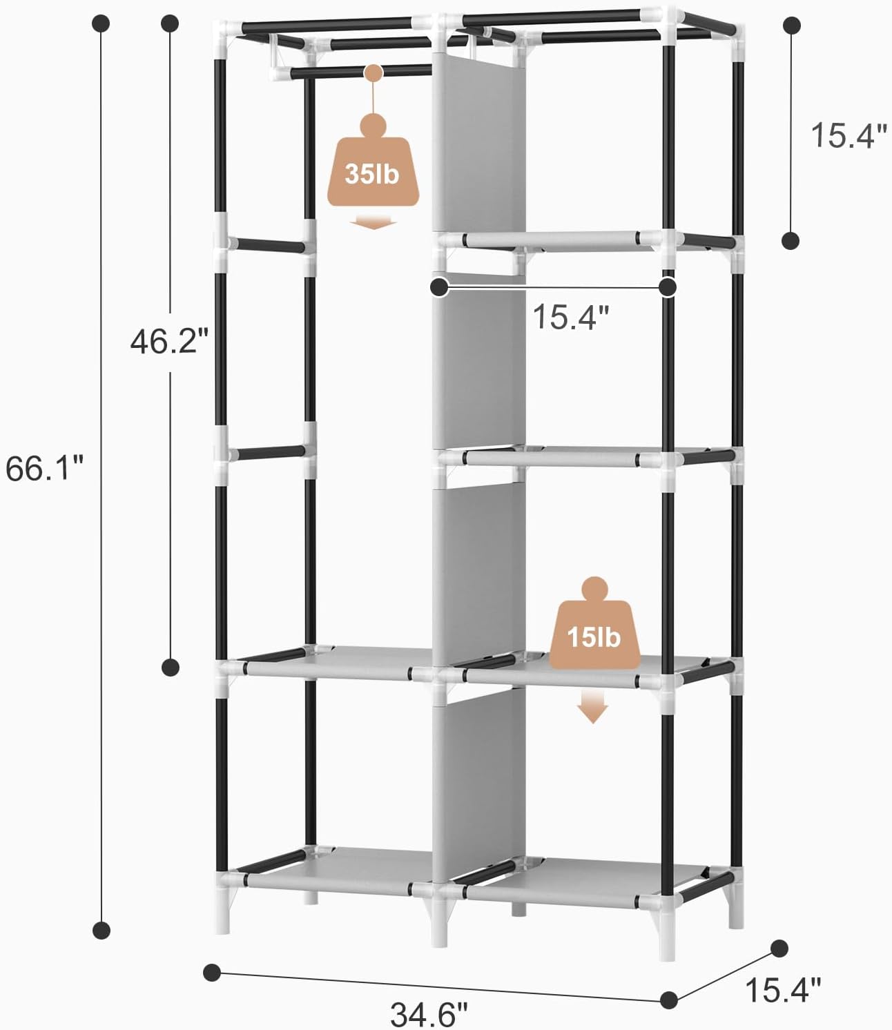 ROJASOP Portable Closet Wardrobe Closet for Hanging Clothes with 6 Storage Shelves, 1 Hanging Rod and 4 Pockets, Free Standing Closet Clothes Organizer for Bedroom, Sturdy and Easy Assemble