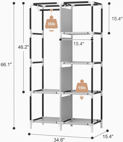 ROJASOP Portable Closet Wardrobe Closet for Hanging Clothes with 6 Storage Shelves, 1 Hanging Rod and 4 Pockets, Free Standing Closet Clothes Organizer for Bedroom, Sturdy and Easy Assemble