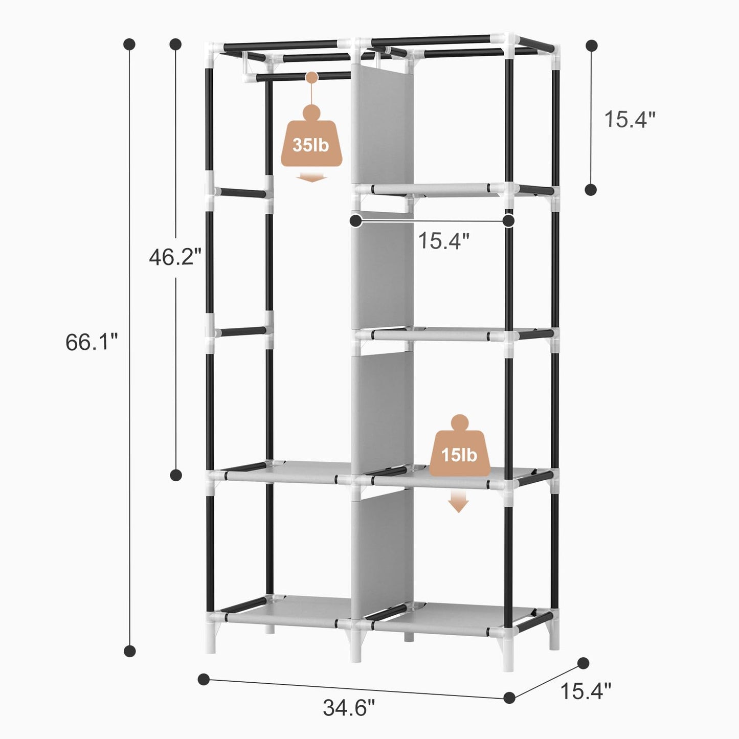 ROJASOP Portable Closet Wardrobe Closet for Hanging Clothes with 6 Storage Shelves, 1 Hanging Rod and 4 Pockets, Free Standing Closet Clothes Organizer for Bedroom, Sturdy and Easy Assemble