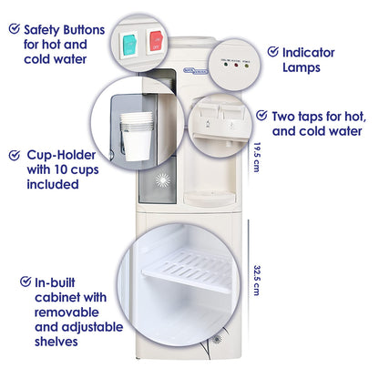 Super General Hot and Cold Water Dispenser, Water-Cooler with Cabinet and Cup-Holder, Instant-Hot-Water, 2 Taps, SGL-1171, White/Grey, 31.2 x 32.5 x 96 cm, 1 Year Warranty