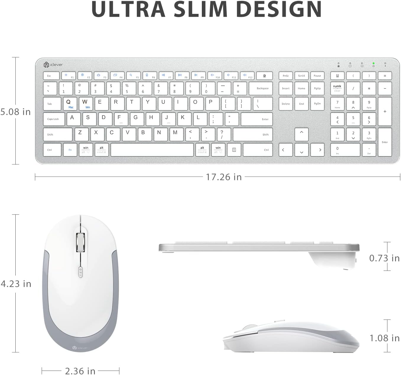 iClever Wireless Keyboard and Mouse GK08- Rechargeable Wireless Keyboard Ergonomic Full Size Design with Number Pad, 2.4G Stable Connection Slim White Keyboard and Mouse for Windows, Mac OS Computer