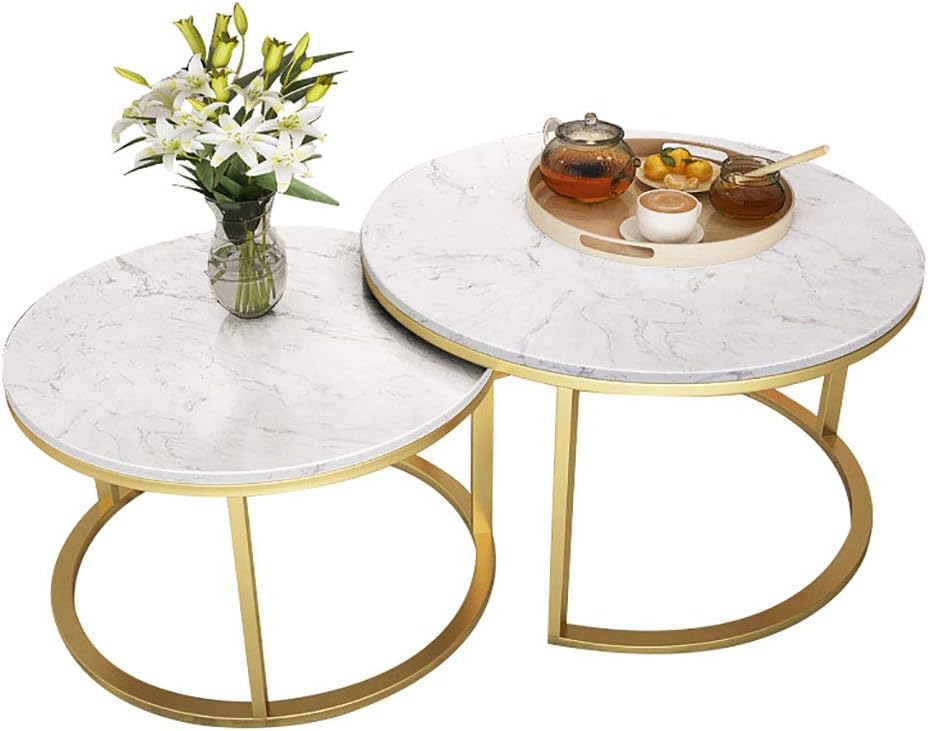 Coffee Tables for Living Room, Double-Layered Square End Side Tables Sofa Table, Modern Marble Nesting Table with Metal Frame Legs Set of 2 (White+square+Golden frame)