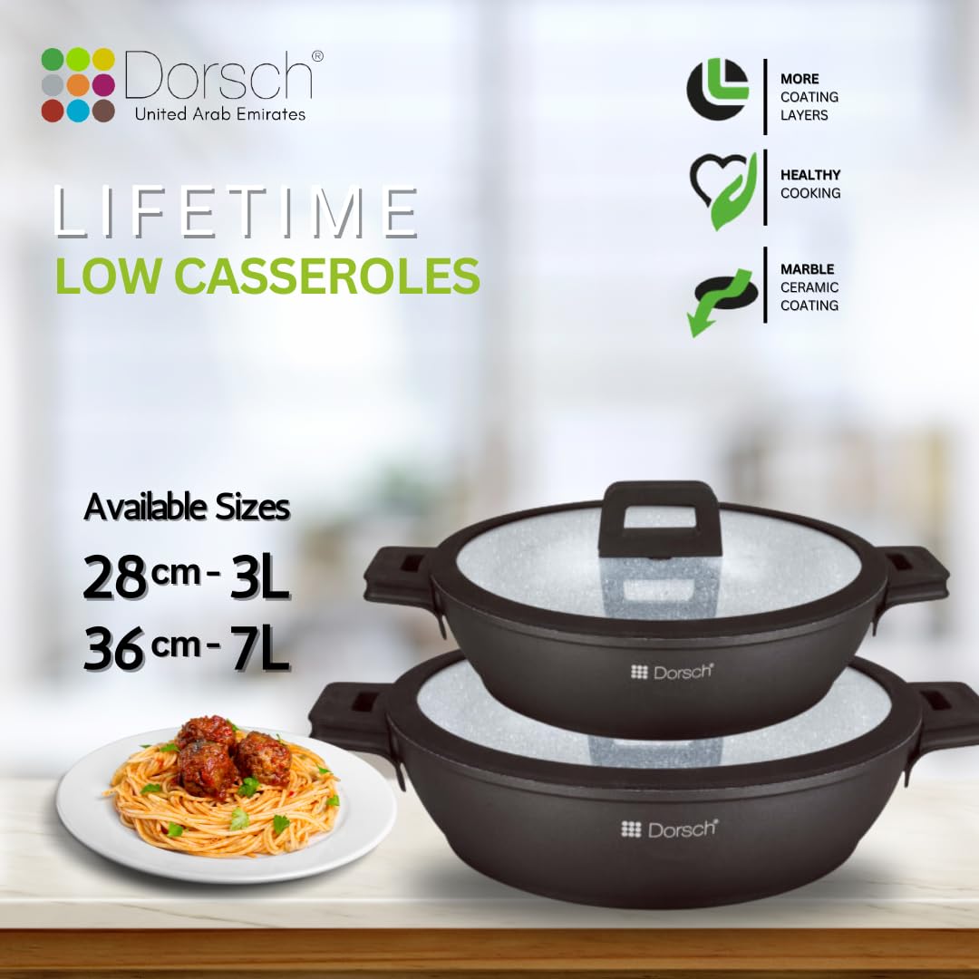 Dorschhome Low Casserole - Premium Cookware with Non-Stick "PROGLIDER" Ceramic Coating - Durable, Scratch-Resistant, TUV Certified - LFGB Tested- Induction Ready - 2 Years warranty (28 CM)