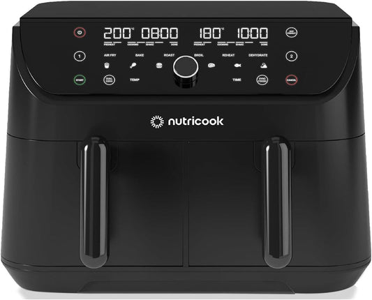 Nutricook Air Fryer Duo 2 by Caliber Brands, 8.5L Independently Controlled Dual Baskets, Air Fry, Bake, Roast, Broil, Reheat & Dehydrate, 6 Presets, AFD185, Black, 2400 Watts, 2 Year Warranty