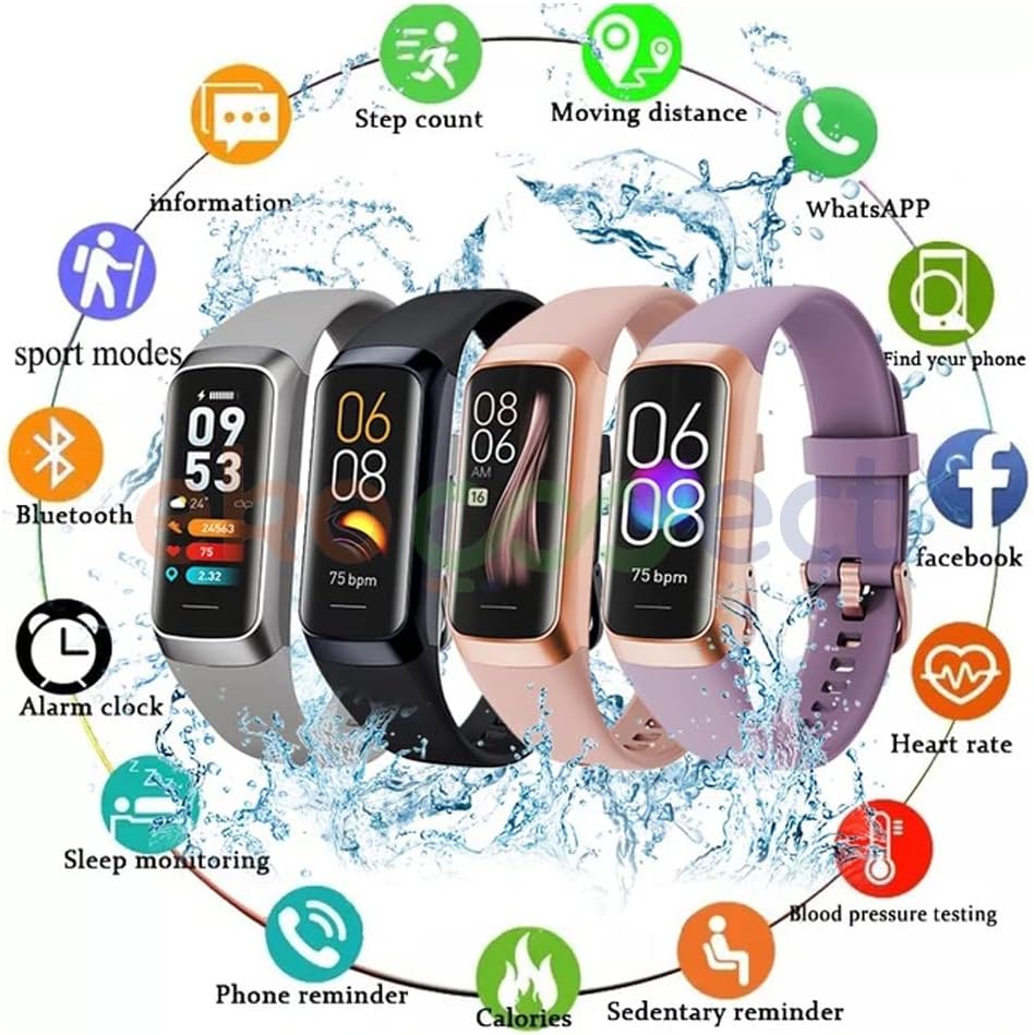 Ekoconect Smart Bracelet C60 Men Women IP68 Sport Bracelet Calorie Counter Fitness 1.1 inch AMOLED Touch Screen Heart Rate Blood Pressure Monitor Watch For IOS Android (Black)