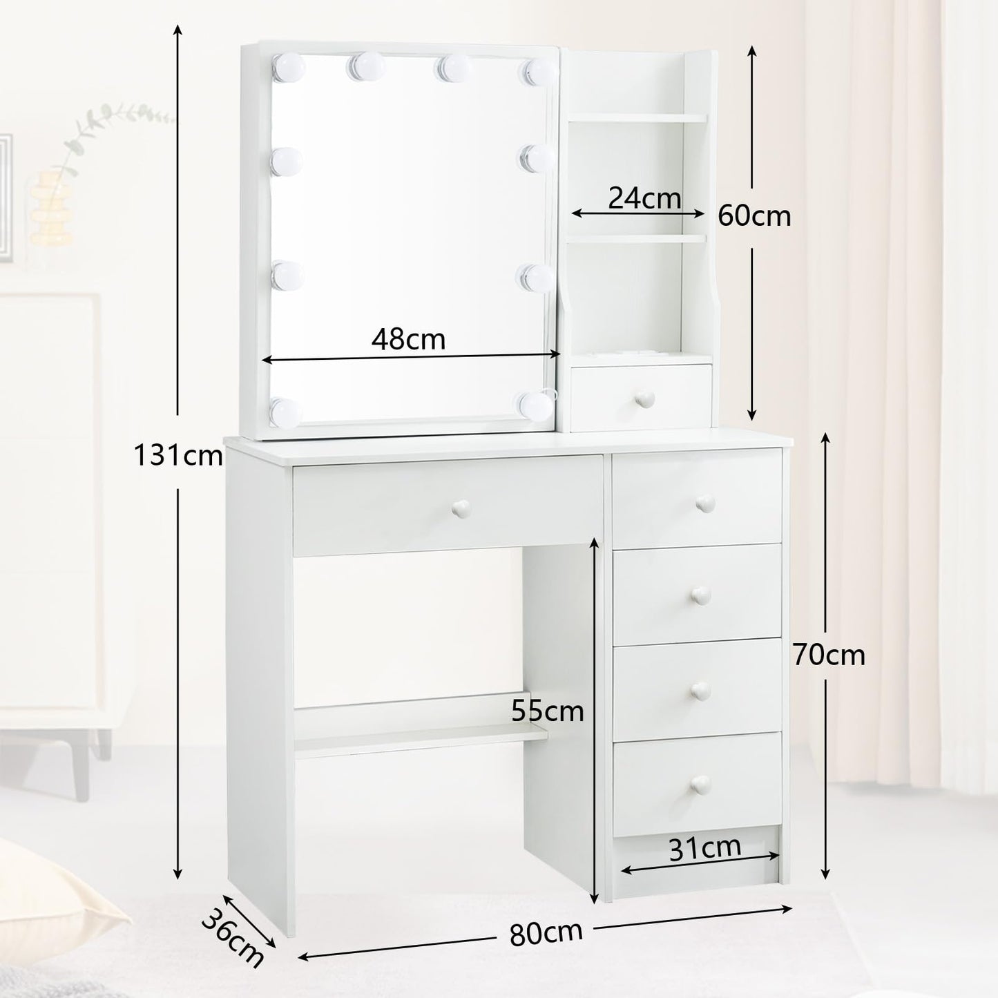 LIANWANG Dressing Table with LED Lighting, 3 Colour Temperatures, Adjustable Brightness, Dressing Table with Mirror for Make-Up, 6 Drawers, 1 Stool, 131 x 80 x 36 cm, White