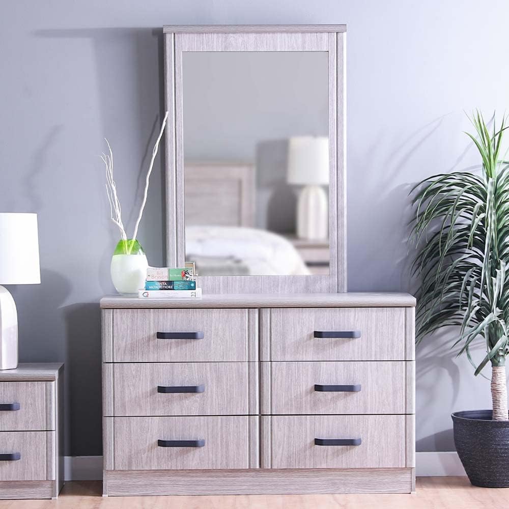 Danube Home Raymond Dresser With Mirror and 6 Drawers | Durable Vanity Table | Dressing Makeup Desk With Storage| Modern Design Bedroom Furnitures L120xW43xH182cm - Grey Oak