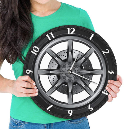 REVHQ 3D Big Wall Clock 3D Garage Wall Clocks Tire Rim Clock Silent Battery Operated Rubber Gear Decorative Clock for Automotive Mechanic Shop Car Enthusiasts Boys Bedroom Mute Wall Clock