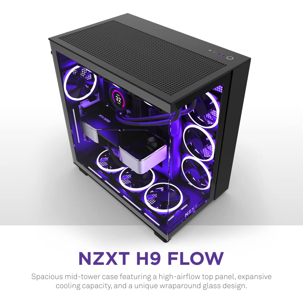 NZXT H9 Flow Dual-Chamber ATX Mid-Tower PC Gaming Case – High-Airflow Perforated Top Panel – Tempered Glass Front & Side Panels – 360mm Radiator Support – Cable Management – Black, CM-H91FB-01