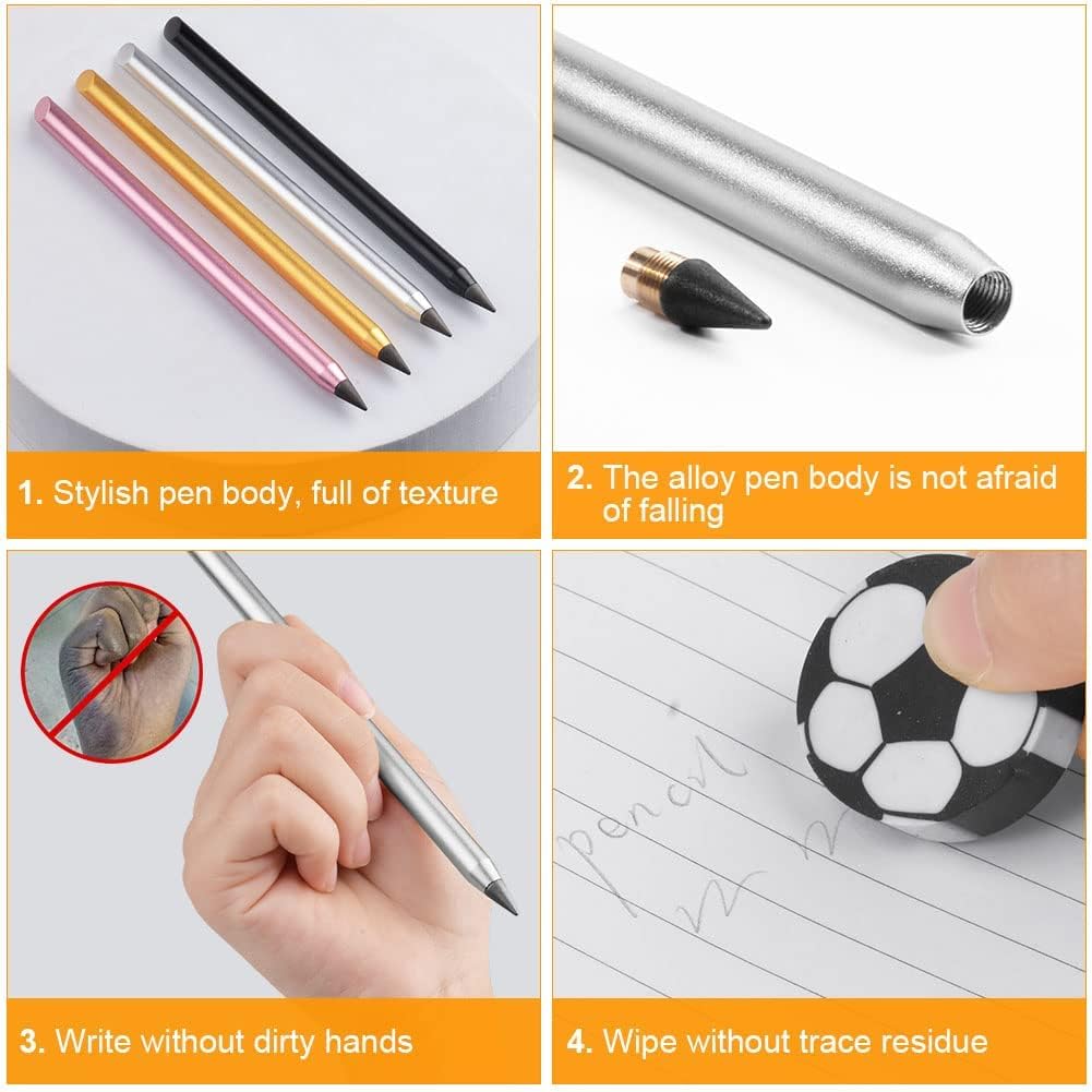 MAKINGTEC Metal Inkless Pencil, Infinity Pencil, Reusable Everlasting Pencil, Replaceable Nib Pencil, with 2 Replaceable Nib for Writing Drawing Students Home Office School Supplies (2PCS)