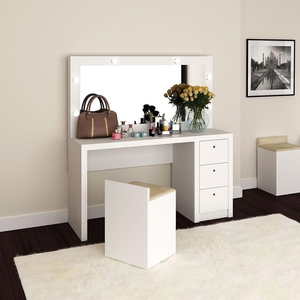 Danube Home Aldrick Dressing Table With Mirror And 3 Drawers | Durable Vanity Table | Dressing Makeup Desk With Storage | Modern Design Bedroom Furniture L 135.8 x W 46.5 x H 142.5 cm -White