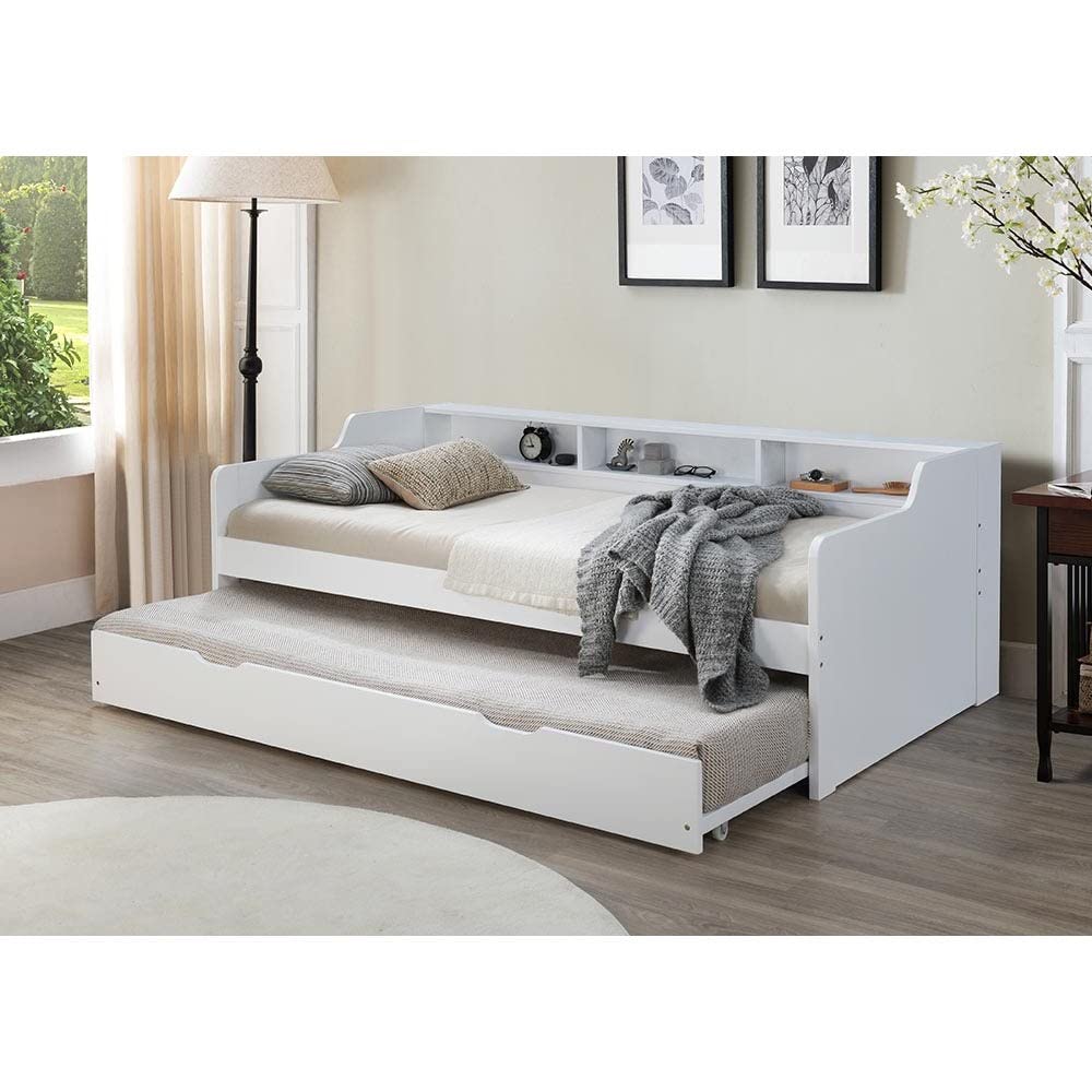 Danube Home Nexus Day Bed w/Shelf & Trundle | Single Size (90x190cm) Bed Frame | Strong and Sturdy Modern Design Wooden Single Bed Furniture | Comfortable Bed - White