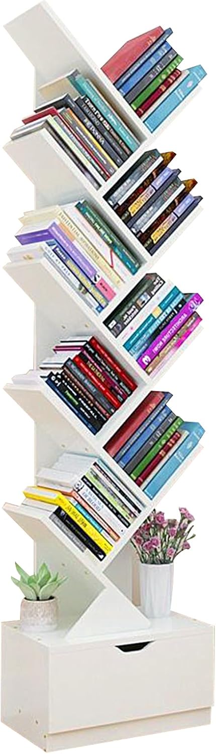 Beauenty Desktop Tree Bookshelf Display Storage Shelf 10 Tier, Wood Storage Rack Tree Bookcase With Drawer For Home School Book Magazine Office Study Table Bedroom (Style 2)