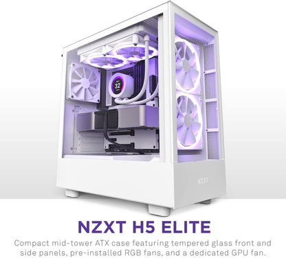 NZXT H5 Flow Compact ATX Mid-Tower PC Gaming Case – High Airflow Perforated Front Panel – Tempered Glass Side Panel – Cable Management – 2 x 120mm Fans Included – 280mm Radiator Support – White