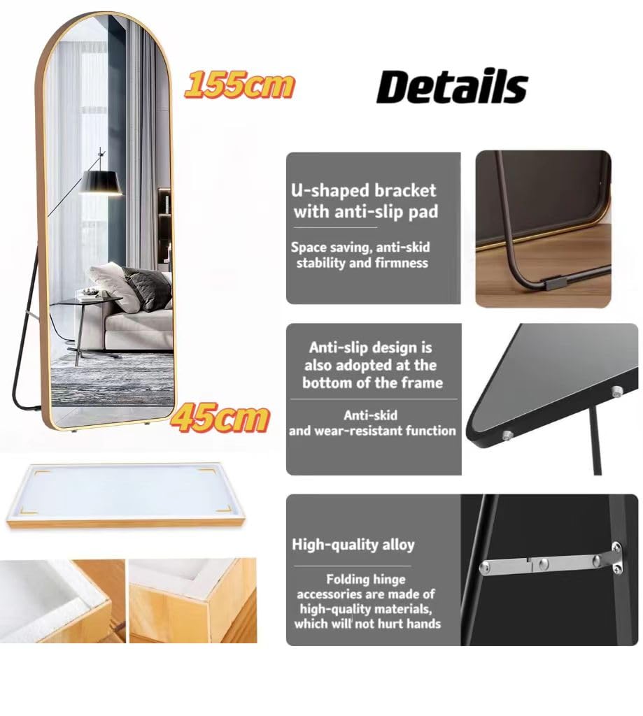 AIRFUL Mirror Full Length 152cm-42cm Arched Aluminum alloy Large Standing Dressing Mirror Hanging Leaning Against Wall Mounted Mirror with Stand for Bedroom Locker Room Living Room (Black)