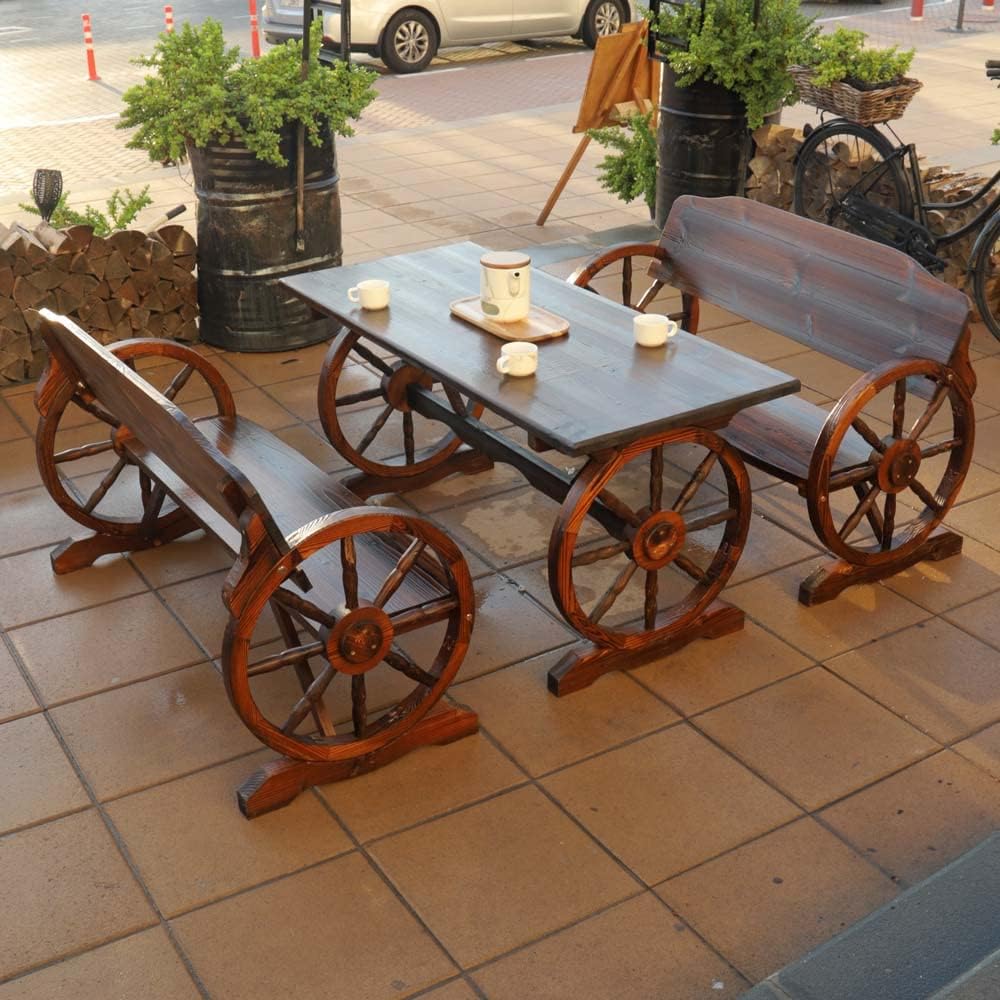 YATAI Wooden Wagon Wheel Bench and Table Set – Garden Bench and Table – Wooden Bench for Garden – Patio Bench and Table Set – Patio Dining Table Chair Set – Sofa Set Outdoor Garden Set