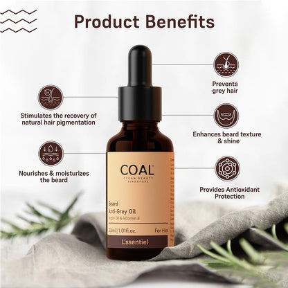 COAL CLEAN BEAUTY Beard Anti-Grey Oil| Sunflower Oil, Castor Oil, Vitamin E, Darkenyl & Curry Leaves Oil | Darkens, Treats & Repairs Premature Beard Greying | All Skin Types, 30 ml (Pack of 1)