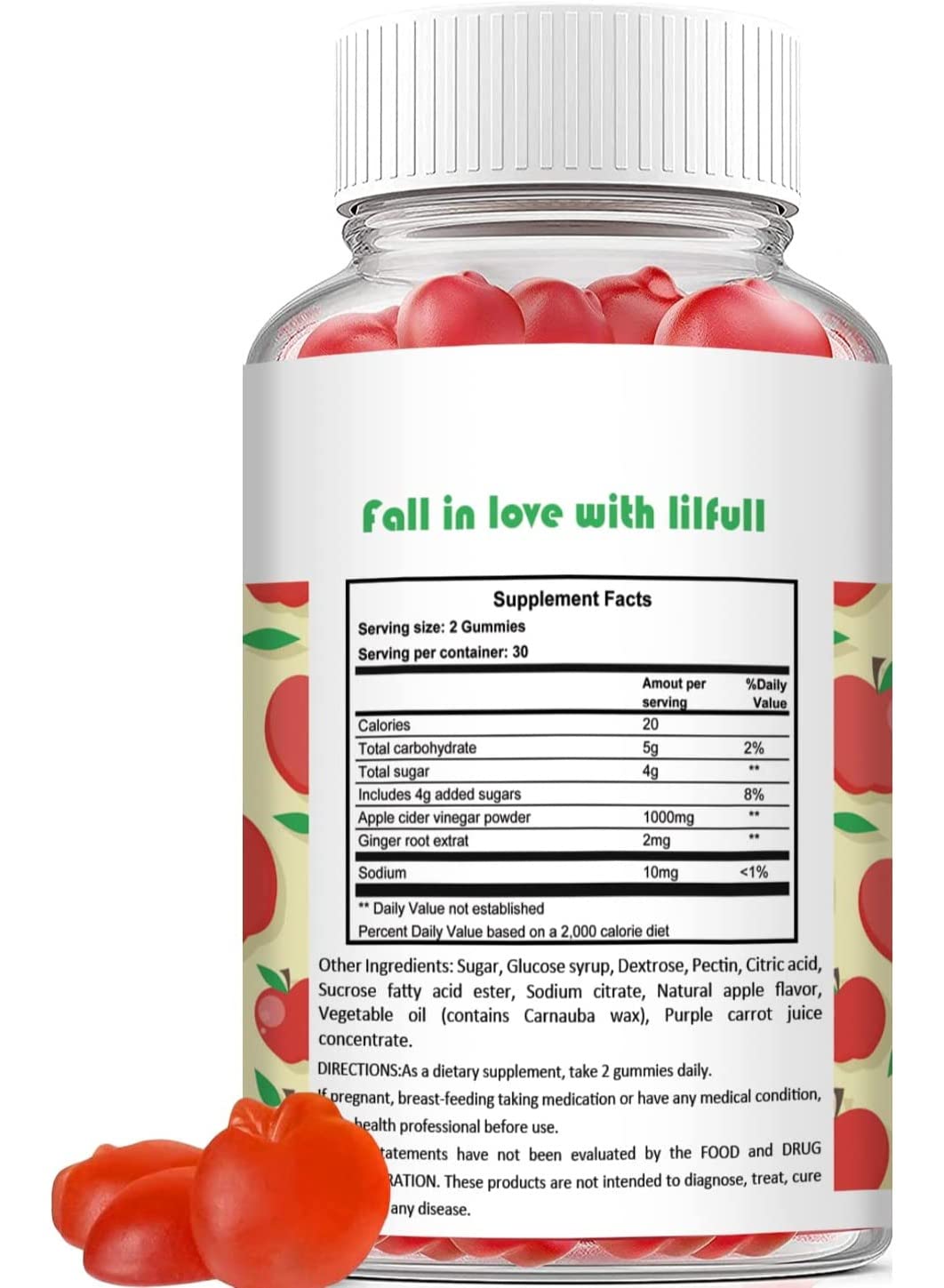 Lilfull Apple Cider Vinegar 1000mg 60 Vegan Gummies with Ginger Root Extract Supports Immune Health & Multi Benefit Blend to Help Weight Loss | Apple Cider Vinegar Dietary Supplement for Men Women