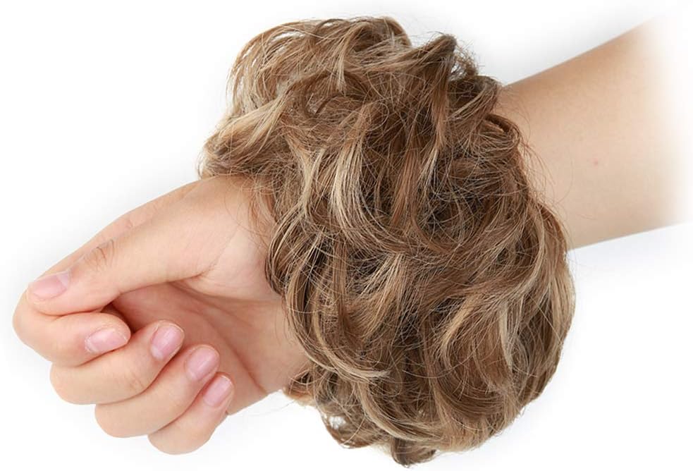 MORICA 1PCS Messy Hair Bun Hair Scrunchies Extension Curly Wavy Messy Synthetic Chignon for Women (12AH613(Light Golden Brown & Lightest Blonde))