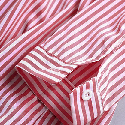 Women V-neck Long Sleeve Button Tops Ladies Summer Fashion Turn-down Collar Striped Printed Solid T-shirt Blouse Tops, Red - L