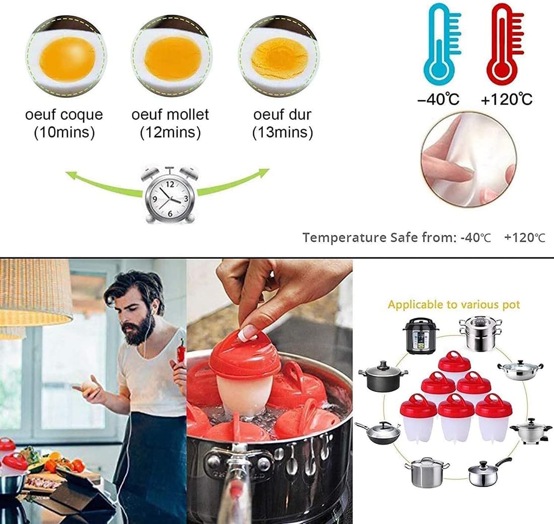 DELFINO Silicone Egg Cooker, Pack of 6 Boiled Egg Maker, Hard and Soft Make, No Shell, Non Stick Silicone, BPA Free, Egg Boiler, Egg Cups, Egg Poachers, Egg Cooker