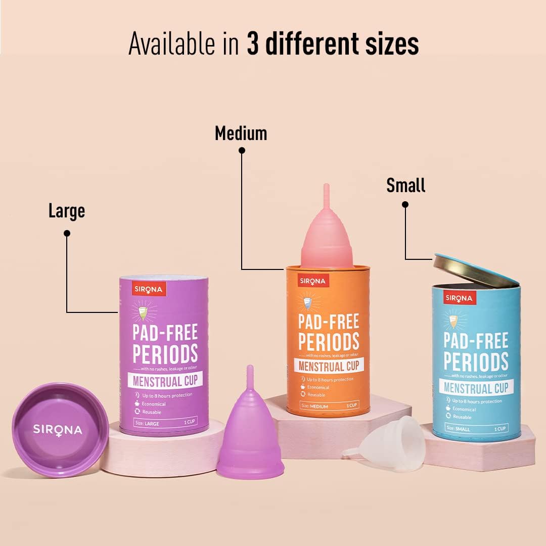 Sirona Reusable Menstrual Cup for Women with Pouch | Ultra Soft Odour & Rash Free | 100% Medical Grade Silicone | No Leakage | Protection for Up to 8-10 Hours | US FDA Registered - Medium (Pack of 1)