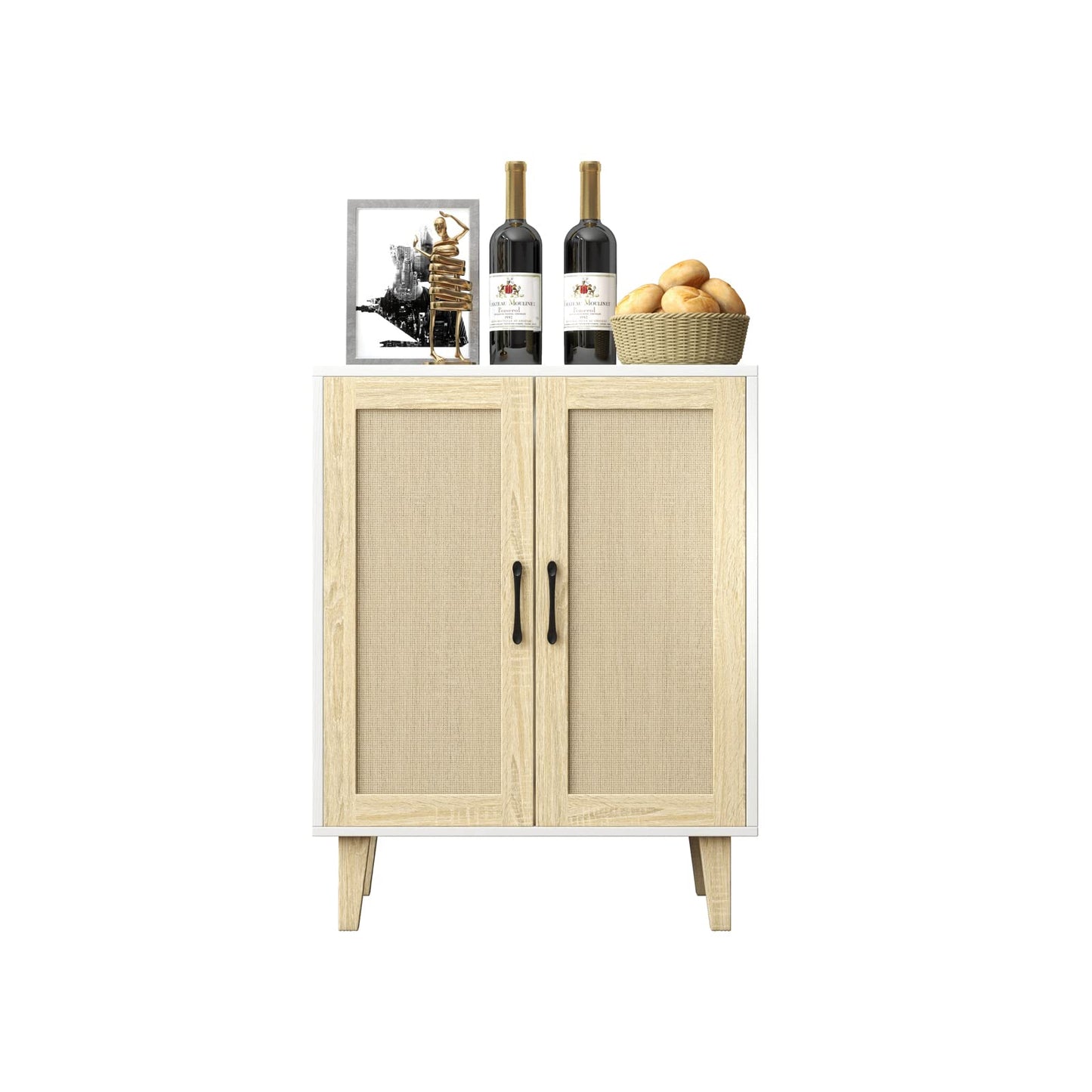 Panana Buffet Cabinet Sideboard with Rattan Decorated Doors Kitchen Storage Cupboard Accent Cabinet (White)