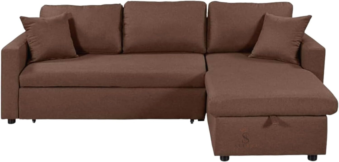 furniture Sofa Cum Bed With Cushions L-Shaped Storage Space (Brown)