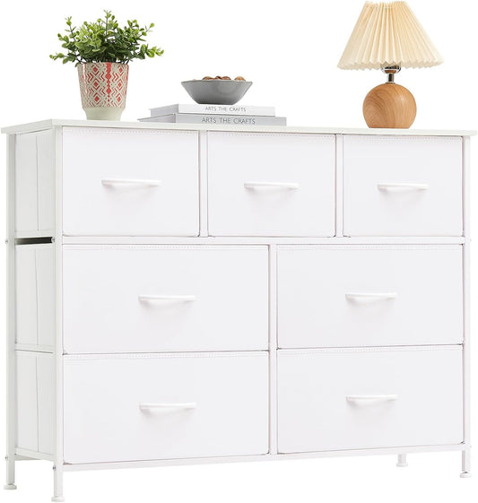 SKY-TOUCH Storage Cabinet : Bedroom Dresser with 7 Drawers Wide Storage Chest with Removable Fabric Bins Storage Organizer Unit for Living Room Entryway Hallway Nursery Kids Room (100*30*74CM White)