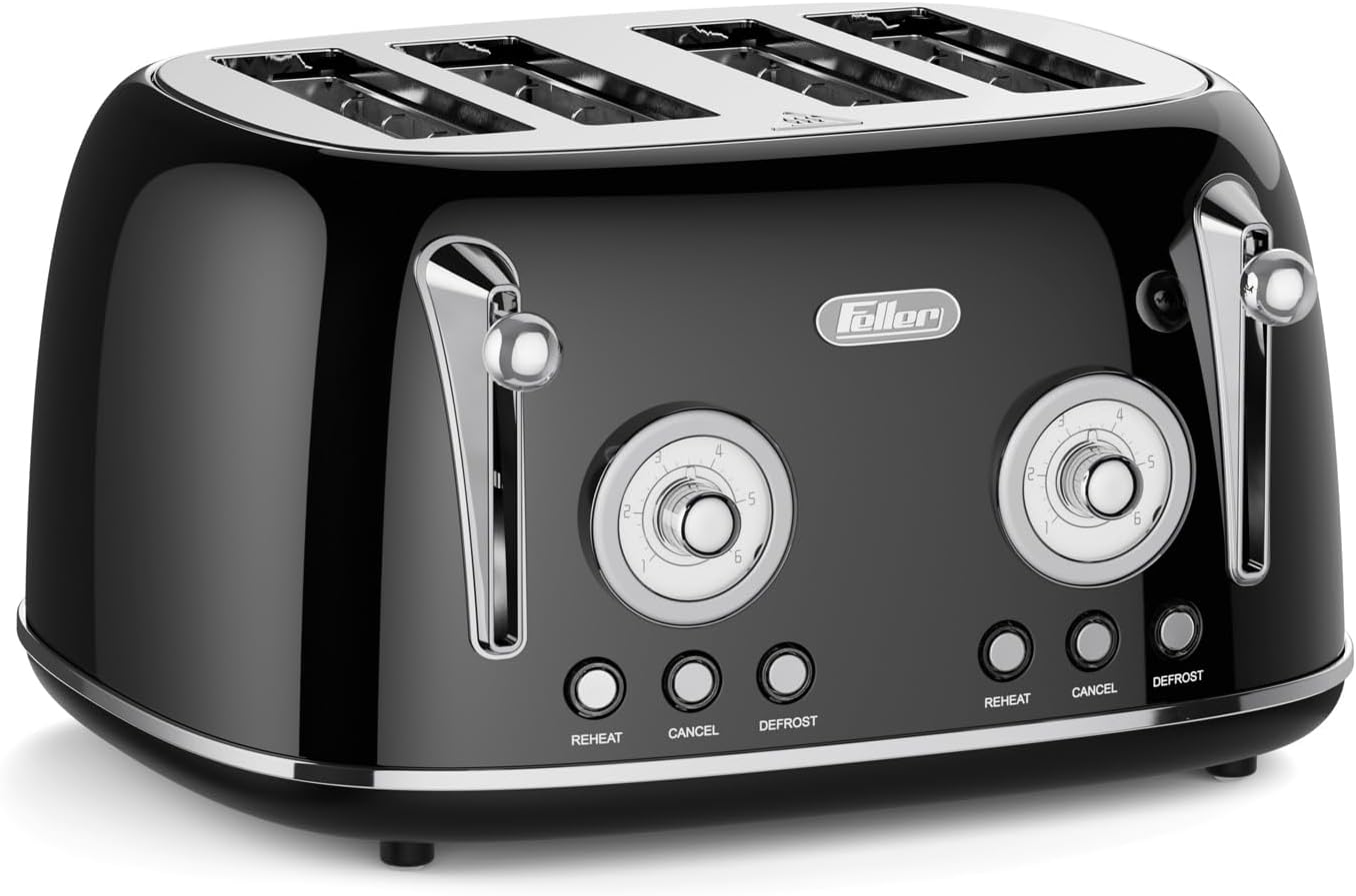 Feller Germany, Retro Style 4-Slice Toaster, 1630 W, Steel Body, 2 Dust Covers & 2 Bun Warmers, Defrost, Reheat, & Cancel Function, 4 Extra wide Bread Slots, Removable Crumb Tray, TO490 (Glossy Black)