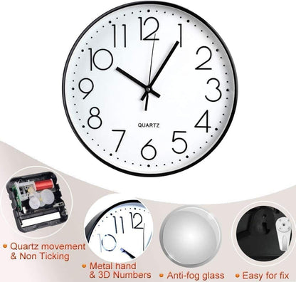 Wall Clock 12 Inch Silent Non-Ticking Wall Clocks Battery Operated Ultra-Quiet Movement Quartz Round Clock Simple Modern Style (White)