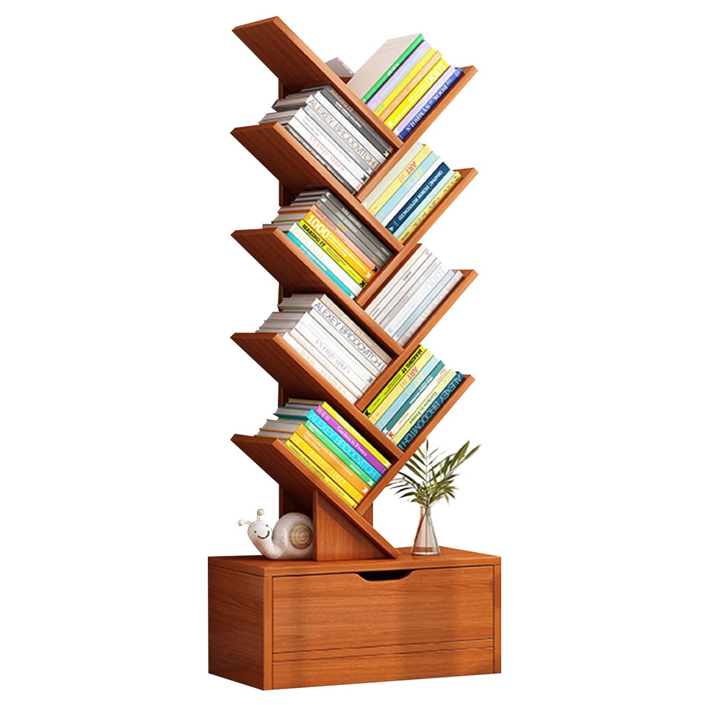 Beauenty Desktop Tree Bookshelf Display Storage Shelf 10 Tier, Wood Storage Rack Tree Bookcase With Drawer For Home School Book Magazine Office Study Table Bedroom (Style 2)