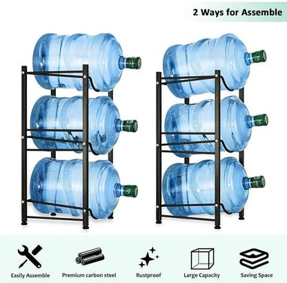 ECVV Water Cooler Jug Rack 3 Tier Water Bottle Storage Organizer Durable and Steady with Rubber Base for 5 Gallon Bottles Black