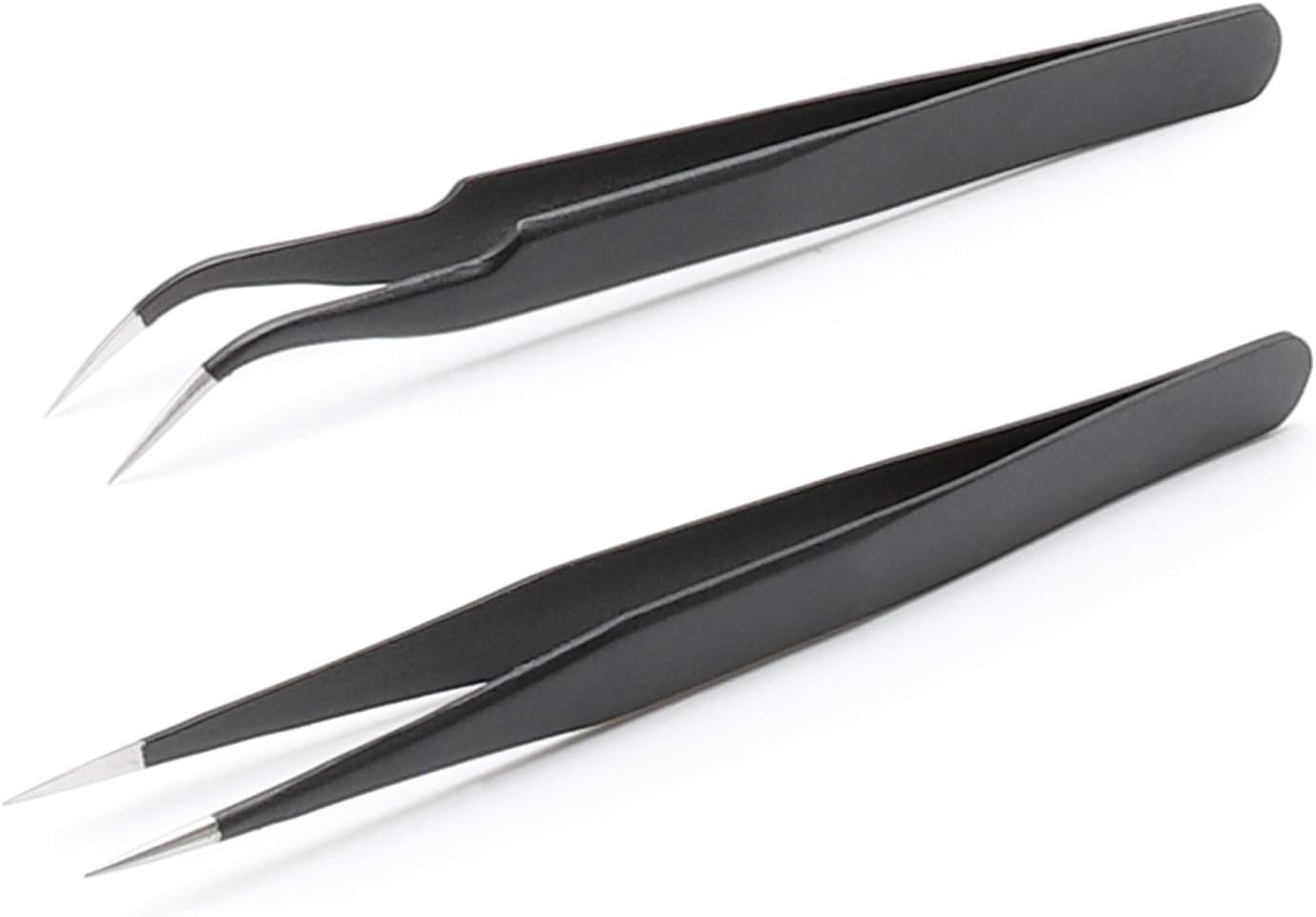 Professional Tweezers for Eyelash Extension - Straight and Curved Pointed Tweezers - Stainless Steel Precision Tweezers set - 2 Pcs - Black