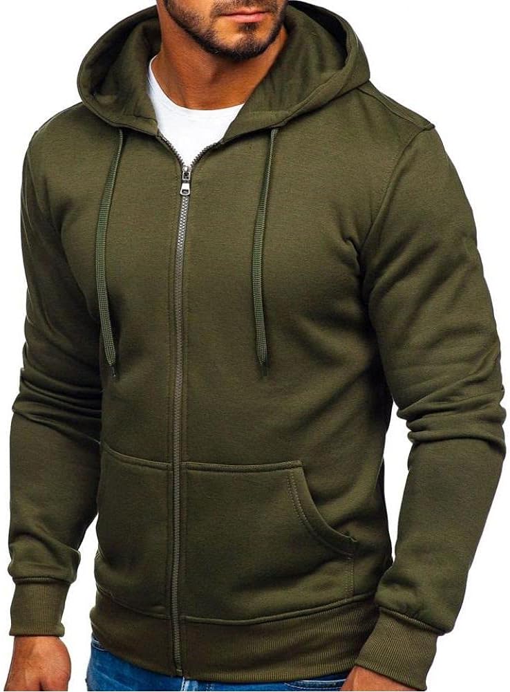 Men'S Casual Zipper Hoodies Sweatshirts Male Black Green Solid Color Hooded Outerwear Tops S-2Xl