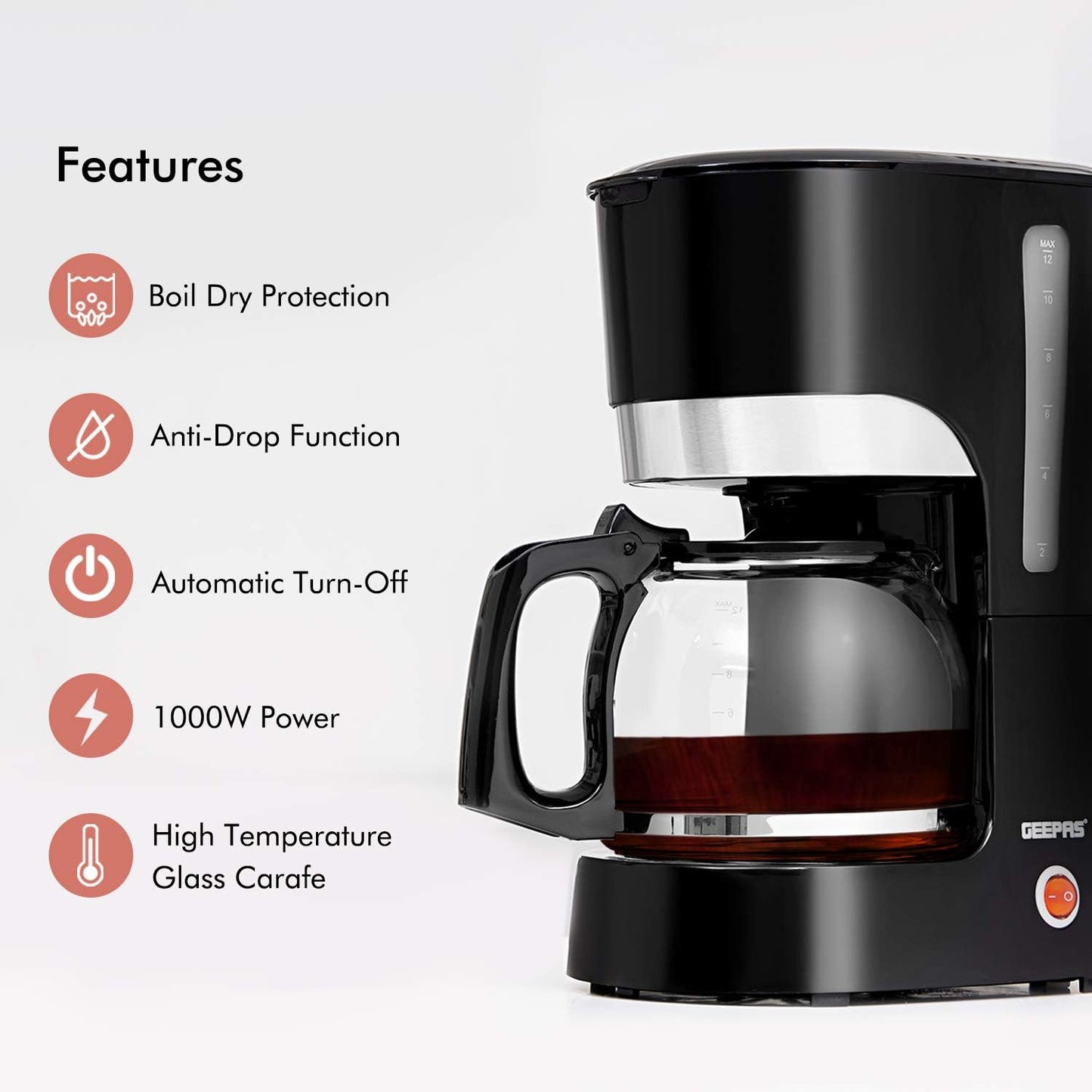 Geepas-Coffee Maker, 1.5L Filter Coffee Machine, GCM6103 | High Temperature Glass Carafe | Keep Warm & Anti-Drip Function | Reusable Filter | On/Off Switch with Indicator Light