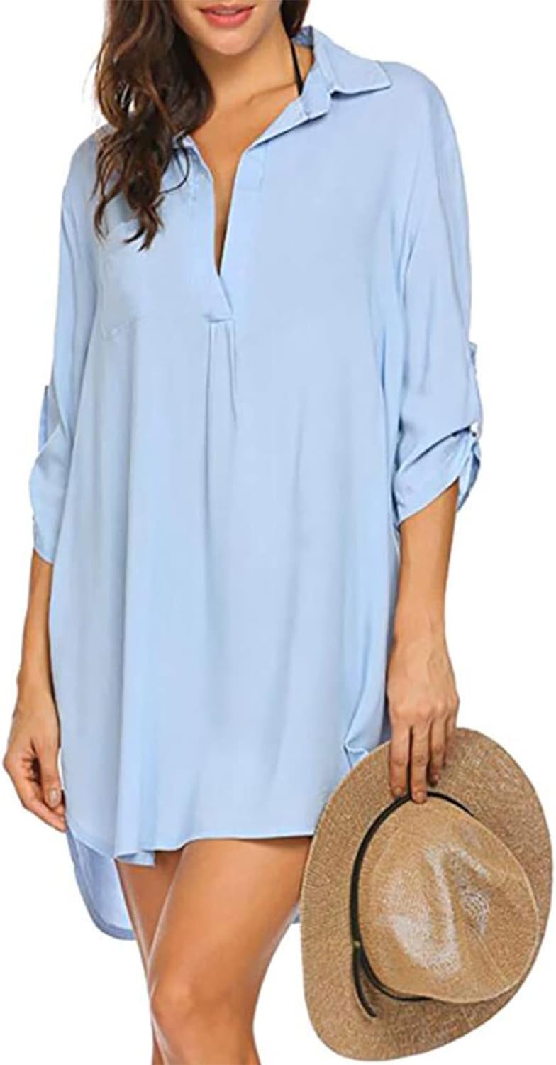 Women Plus Size Swimsuit Cover Up Shirt Deep V Neck Bikini Cover Up Solid Beach Dress