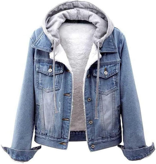 Denim Jacket Women Winter Korean Style Hooded Short Long-Sleeved Woolen Cloth Plus Velvet Thick Lamb Wool Cotton Coat