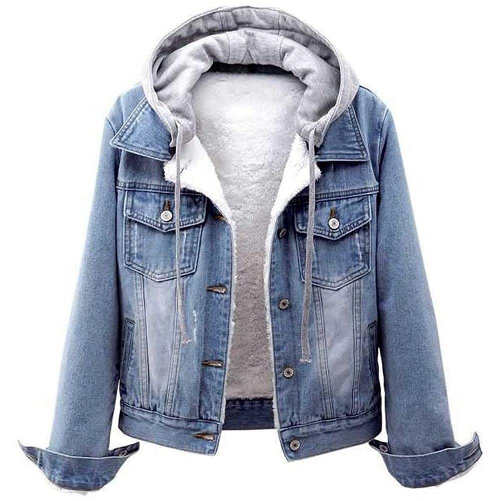 Denim Jacket Women Winter Korean Style Hooded Short Long-Sleeved Woolen Cloth Plus Velvet Thick Lamb Wool Cotton Coat