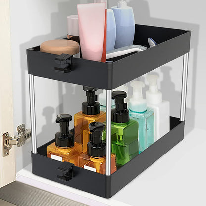 MIXDE Under Sink Organizer, Under Bathroom Sink Storage 2 Tier Organizer Bath Collection Baskets with Hooks, Multi-purpose Under Sink Storage for Bathroom Kitchen (Black)