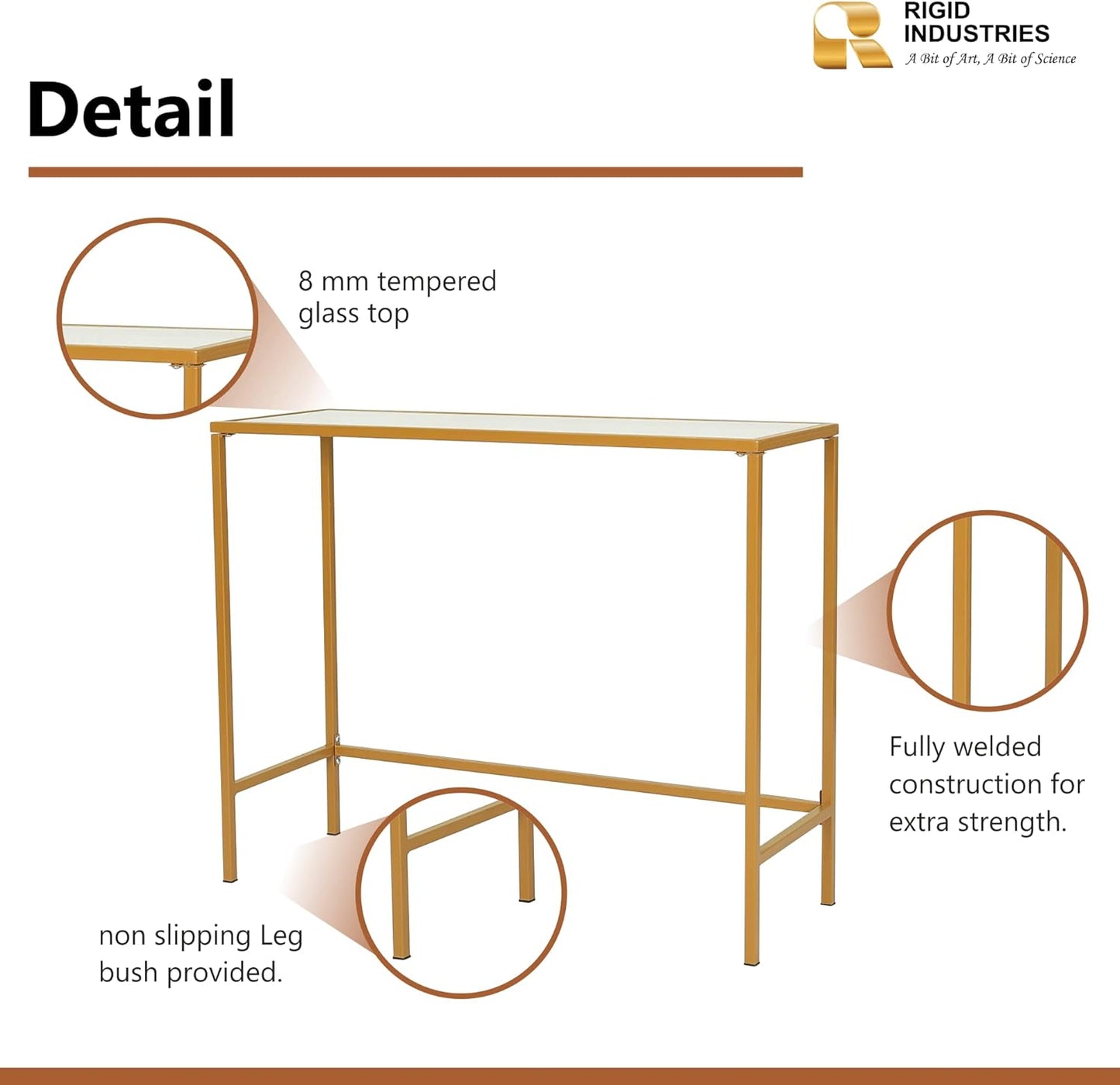 RIGID Console Table | Corner End Table with Stainless Steel Frame and Glass Top for Living Room, Office