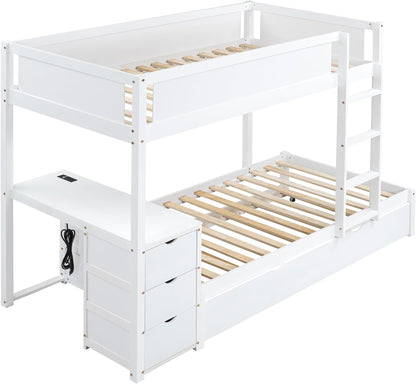 Ball & Cast Twin-Over-Twin Bunk Bed with Twin Size Trundle,Solid Wood Bedframe W/Desk & Drawers,USB,Space Saving,Easy Assembly,Multifunctional Bedroom Furniture Set for Boys Girls Teens,White