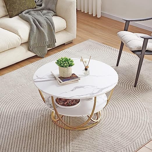 Ereteken ART Round Gold Coffee Table,2 Tier Coffee Tables for Living Room,Circle Coffe Table with Storage Modern Center Tea Table Wooden Faux Marble Top Metal Legs Accent Table (White)