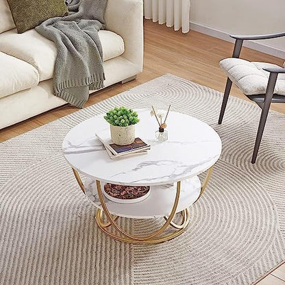 Ereteken ART Round Gold Coffee Table,2 Tier Coffee Tables for Living Room,Circle Coffe Table with Storage Modern Center Tea Table Wooden Faux Marble Top Metal Legs Accent Table (White)