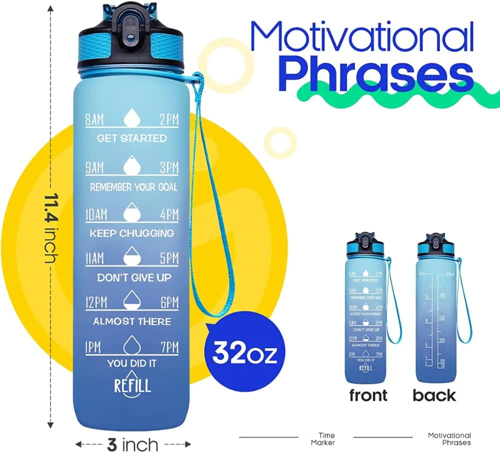 Illys Plastic Water Bottle, 1L / 32oz with Motivational Time Marker (Multi colour)