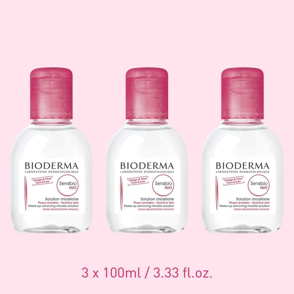 Bioderma Sensibio H2O Soothing Micellar Cleansing Water and Makeup Removing Solution for Sensitive Skin - Face and Eyes - 3.33 Fl Oz (Pack of 3)